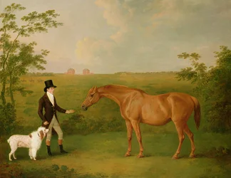 Een Heer met een Witte Hond en een Kastanjebruine Merrie in een Landschap