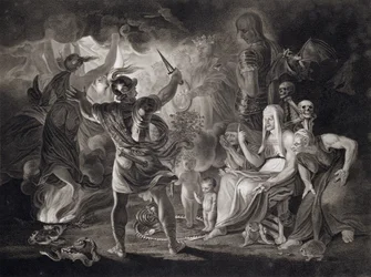 Macbeth, de drie heksen en Hecate in akte IV, scène I van ‘Macbeth’ door William Shakespeare (1564-1616), gepubliceerd in 1805