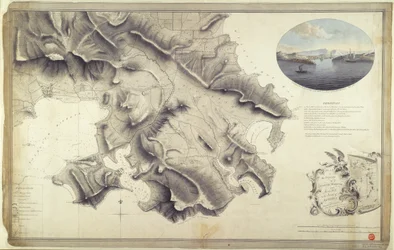 Plan van de omgeving van English Harbour en Monks Hill op het eiland Antigua, onderzocht en getekend door John Brown, landmeter en tekenaar van het leger in West-Indië