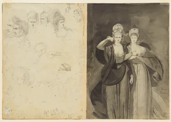Schetsen van hoofden verso, links, twee vrouwen verso, rechts, c. 1770-1775