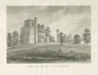 Arley Kerk en Kasteel: sepia tekening