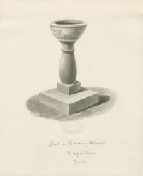 Doopvont in Norbury Kerk: sepia wassing tekening