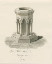 Doopvont in Walton-on-the-Hill Kerk: sepia wassing tekening