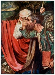 Evangelist wijst de weg naar de Wicket Gate uit The Pilgrims Progress From This World, To That Which Is To Come door John Bunyan (1628-1688) Illustratie door Byam Shaw (1872-1919)