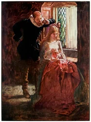 Mr Brisk en Mercy vanuit De Pelgrimsreis van Deze Wereld naar Die Welke Komt door John Bunyan, illustratie door Byam Shaw