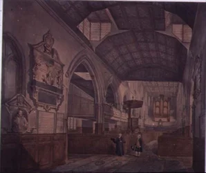 Interieur van de Kerk van St. Giles, Cripplegate, kijkend naar het westen, met het Monument van Constance Whitney
