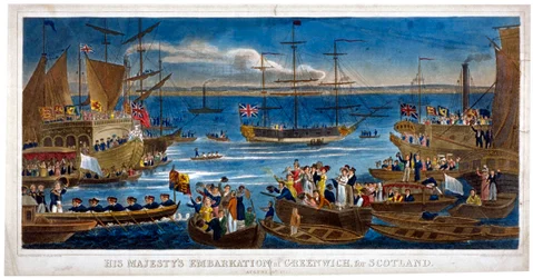 De inscheping van Zijne Majesteit in Greenwich, naar Schotland