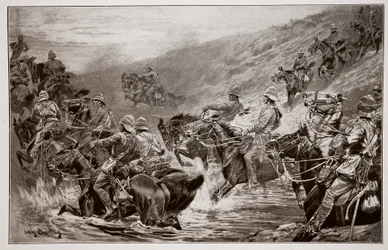 De Race naar Kimberley - De 10e Huzaren steken Klip Drift over, naar een schets van G.D. Giles