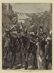 De terugkeer van de troepen uit Egypte, de Royal Horse Guards (Blauw) op weg naar de Albany Street Barracks