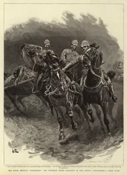 Het koninklijke militaire toernooi, de Victoriaanse paard-artillerie in de rijwedstrijd, een scherpe bocht