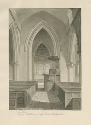 Interieur van Leigh Church: sepia tekening