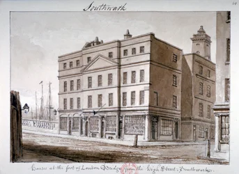 Uitzicht op Borough High Street en de hoek van London Bridge, Southwark, Londen