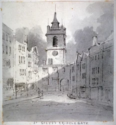 Kerk van St Giles zonder Cripplegate vanaf Fore Street, City of London, 1790