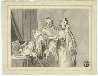 Literaire illustratie: Oude man houdt jonge vrouw aan, die wordt begeleid door oudere vrouw