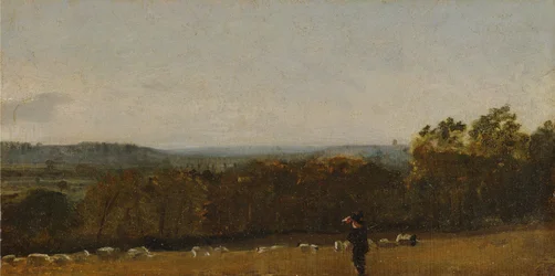 Een herder in een landschap kijkt over Dedham Vale naar Langham