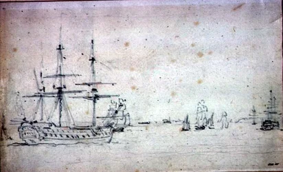 Een schip voor anker en andere schepen in de Theems