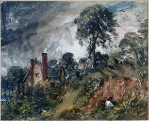 Een huisje tussen bomen, met een zandbank