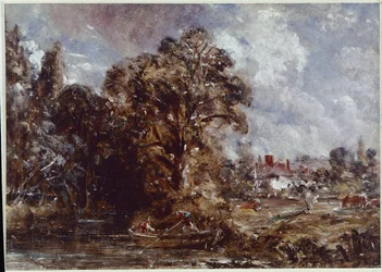 Een rivierscène, met een boerderij aan de waterkant