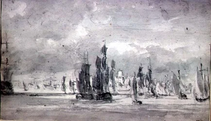 Schepen onder een bewolkte hemel in de Theems