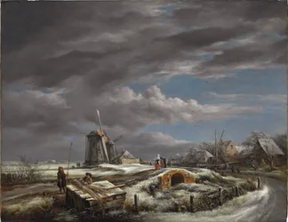 Winterlandschap met Figuren op een Pad, een Voetbrug en Windmolens Verderop