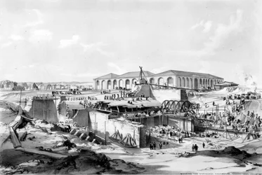 De bouw van het stationaire machinehuis, Camden Town, 26 april 1837