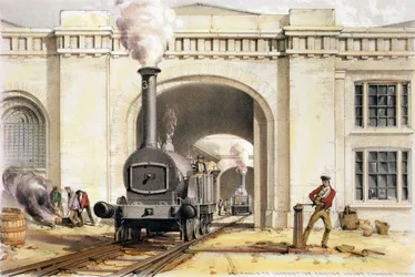 Ingang naar het Locomotiefhuis, Camden Town, gegraveerd door de kunstenaar, 1839