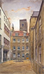Toren van de kerk van St Matthew, Friday Street gezien vanaf Fountain Court, Londen, 1882