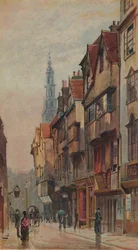 Uitzicht op Wych Street, Westminster, kijkend naar het oosten vanaf de New Inn-poort, Londen, ca. 1880