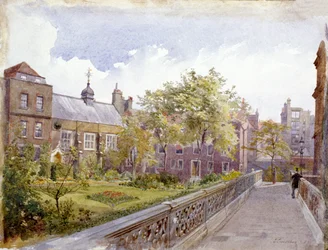 Zicht op het Staple Inn en tuin, Londen, 1882