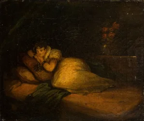 Interieur met vrouw op een bed