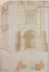 Elevatie, sectie en plan van de hoofdingang van Holme Eden