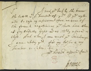 Autograaf brief van John Donne aan Sir Robert Cotton, geschreven vanuit de gevangenis, 20 februari 1601