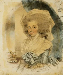 Portret van koningin Charlotte, kleine halve lengte, gekleed in een blauwe en witte jurk, haar kroon naast haar, 1787