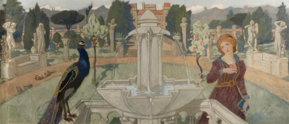 Pauwen en fontein