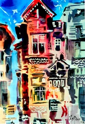 Kleurrijk stadsgezicht in aquarel