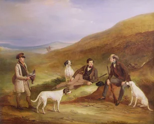 Edward Horner Reynard en zijn broer, George, op jacht met de jachtopziener, Tully Lamb, in Middlesmoor, Yorkshire