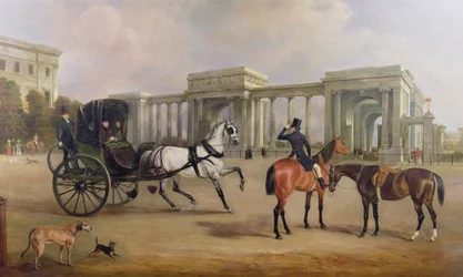 Mr. Massey Stanley met cabriolet en hacks bij Hyde Park Corner, 1833