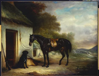 De favoriete jager van Mr. Stuart, Vagabond en zijn Flatcoated Retriever, Nell, bij een cottage deur