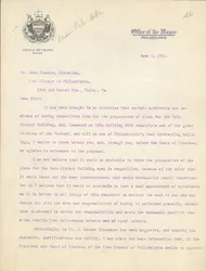 Brief van burgemeester John Reyburn aan bibliothecaris John Thomson waarin hij Horace Trumbauer goedkeurt als architect van het hoofdgebouw van de bibliotheek, 1 juni
