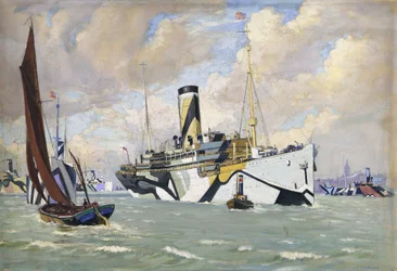 Een hulpkruiser die een konvooi Amerikaanse troepen naar de Theems brengt (Engeland)