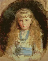 Portret van Beatrice Caird in een witte jurk met een blauwe sjerp