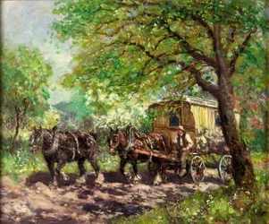 Twee paarden en een caravan
