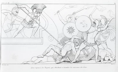 Ajax stoot de Trojanen af die proberen de Griekse schepen te verbranden. Tekening door John Flaxman (1755 - 1826). Homer