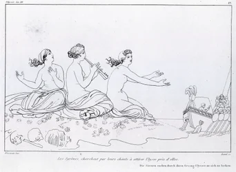 Zeemeerminnen proberen Odysseus met hun gezang te lokken. Tekening van John Flaxman (1755 - 1826). Homers Odyssee. Zang XII.