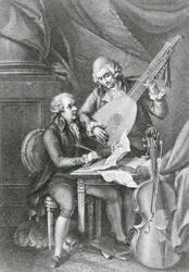 Portret van Franz Joseph Haydn (1732-1809) en Wolfgang Amadeus Mozart (1756-91) die muziek voor luit componeren, gegraveerd door Michele Benedetti (1745-1810)