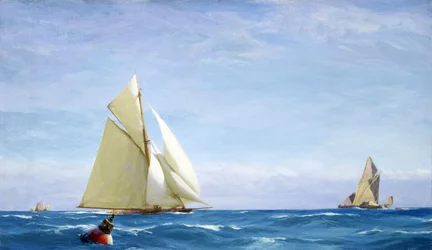 Een groot zeilschip en een schuit op de Theems, voor de kust van een haven, circa 1910, door John Fraser