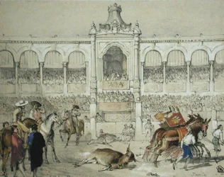 Stierengevecht in Sevilla: Het verwijderen van de dode stier uit de arena, uit 