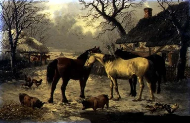 Een winterse boerderijscène