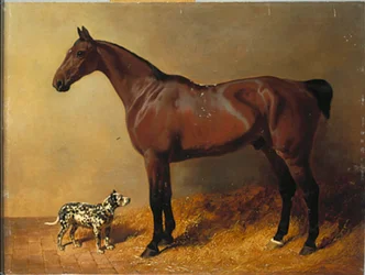 Een baai jager en een gevlekte hond in een stalinterieur, 1846
