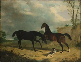 Jagers en een spaniël in een bosrijk landschap